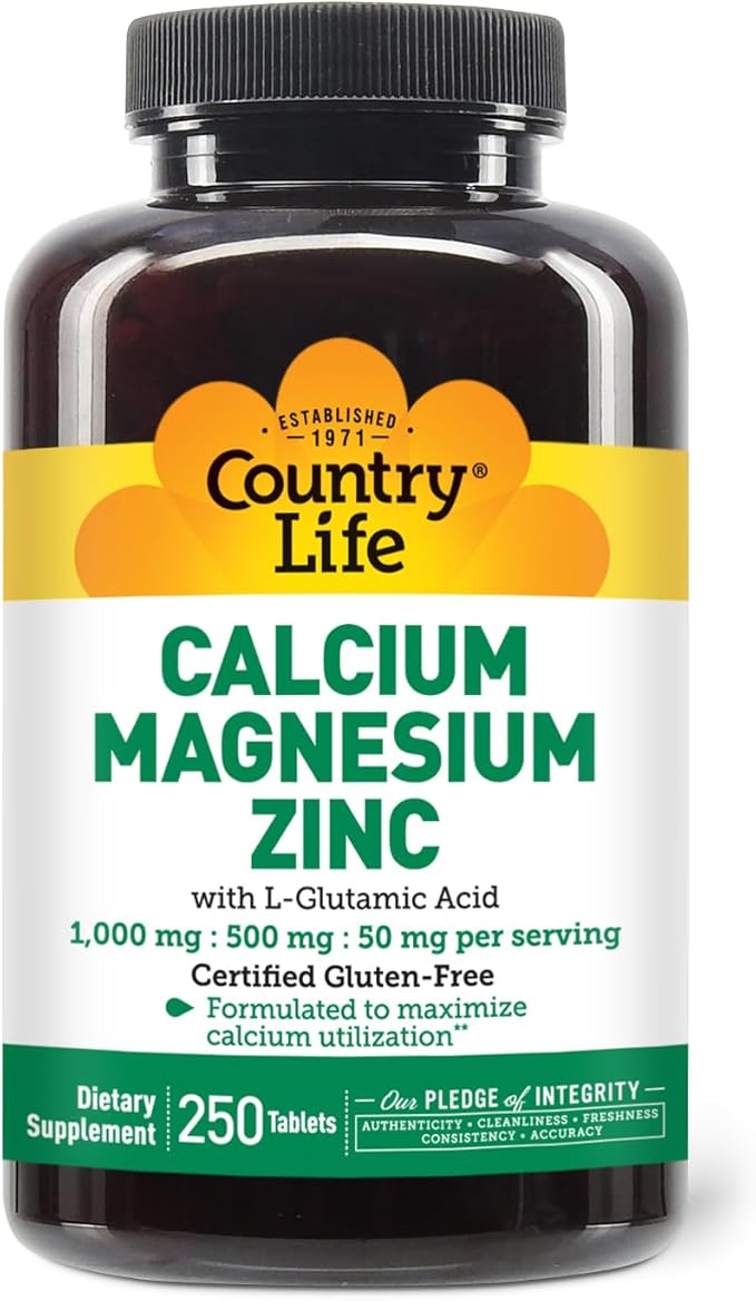 Country Life Calcium Magnesium Zinc with Vitamin D3 and L-Glutamic Acid, Dietary Supplement for Bone Support, Certified Gluten Free, 1000mg/500mg/50mg, 250 Tablets
