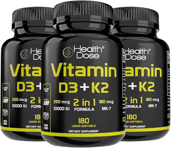 Vitamin D3 10,000 IU + K2 (MK7) Supplement, 2-in-1 Formula, Immune Support, a Healthy Mood, Heart, Joint, Teeth, Bone Health, Calcium Absorption, 180 softgels. (3)