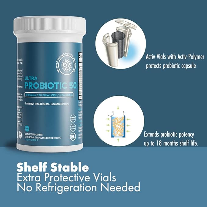 Life & Food Ultra Probiotic 50 Billion CFU w/Sunfiber Prebiotics - Once Daily Time Release Caps, Shelf Life Protection (60ct)