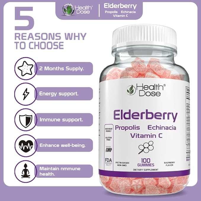 Elderberry Gummies with Propolis, Echinacea & Vitamin C - Immune System Support for Adults - 100 Gummies - Antioxidant-Rich Supplement for Wellness