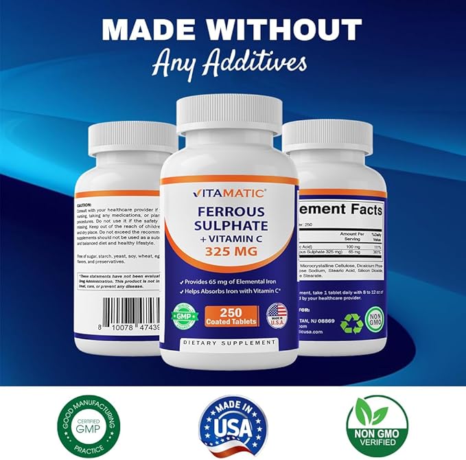Vitamatic Ferrous Sulfate 325 mg with Vitamin C 100 mg (65 mg Elemental Iron) – High Potency Iron Supplement – No Artificial Colors – 250 Coated Tablets, Made in USA