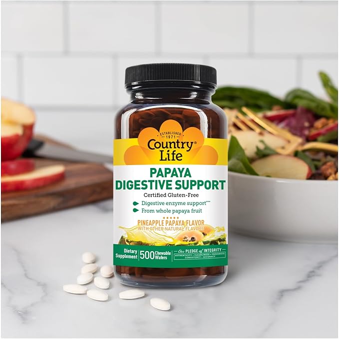 Country Life Chewable Papaya Enzymes for Digestion Support - Natural Pineapple & Papaya Flavor, Assists with Nutrient Absorption, Contains Papain & Protease - 200 and 500 Wafers Available