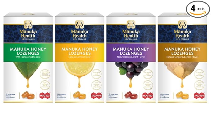 Manuka Health MGO 400+ Manuka Honey Lozenges, Pack 4, Variety Pack - Lemon, Honey & Propolis, Blackcurrant, Lemon & Ginger