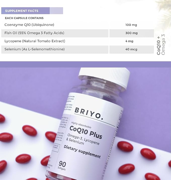 Briyo Highly absorbable CoQ10 100 mg Plus Omega-3 with Natural Form of Lycopene and Selenium, Heart Health Supplement (90 softgels)