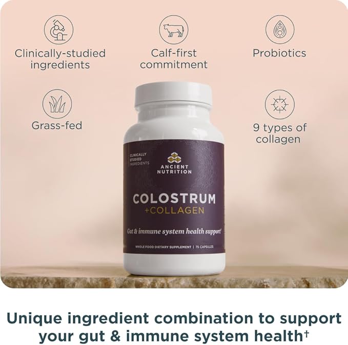 Ancient Nutrition Colostrum Superfood + Collagen, Grass Fed Bovine Colostrum, Fermented Eggshell Membrane Collagen, Supports Healthy Gut Microbiome and Immune System, 75 Count