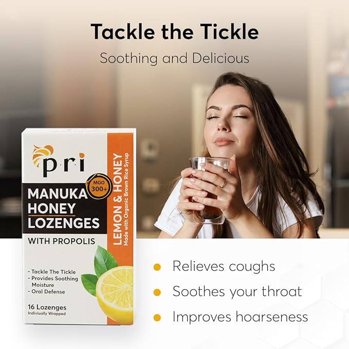 P.R.I Manuka Honey Lozenges with Propolis, Soothing Cough and Throat Drops, MGO 300+ Certified, (Lemon, 16 Count)
