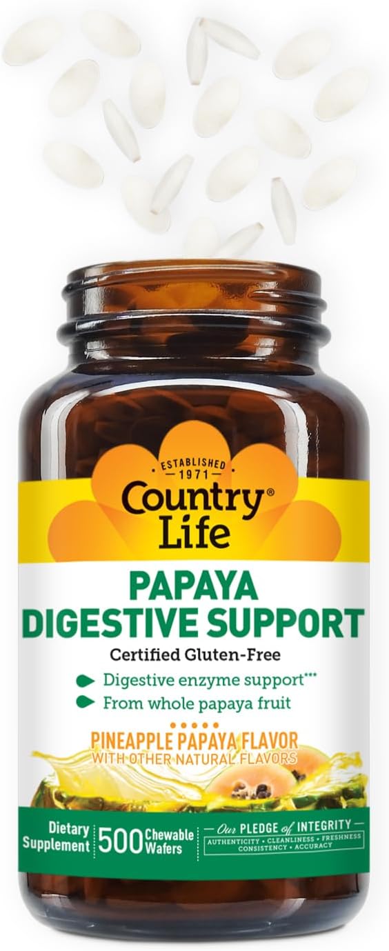 Country Life Chewable Papaya Enzymes for Digestion Support - Natural Pineapple & Papaya Flavor, Assists with Nutrient Absorption, Contains Papain & Protease - 200 and 500 Wafers Available