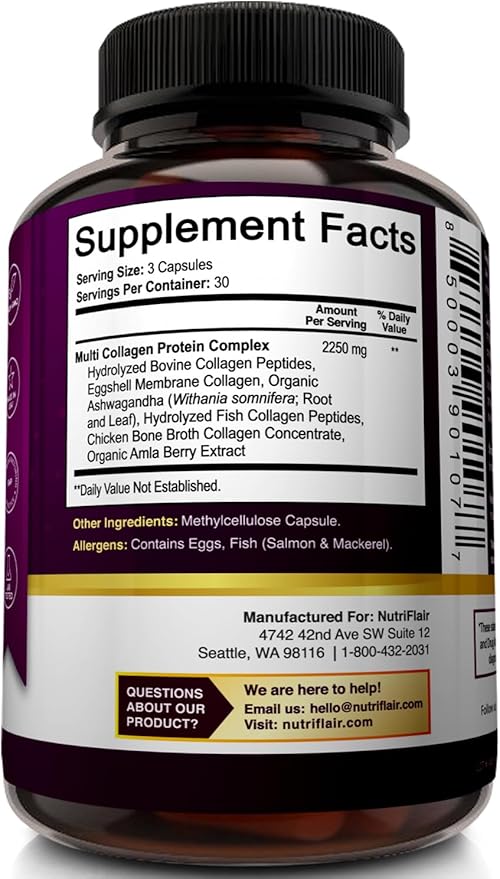 NutriFlair Multi Collagen Peptides 2250mg, 90 Capsules - Type I, II, III, V, X - Collagen Supplements Complex Powder Pills for Women and Men - Hydrolyzed Protein, Healthy Hair, Skin, Nails - Non-GMO