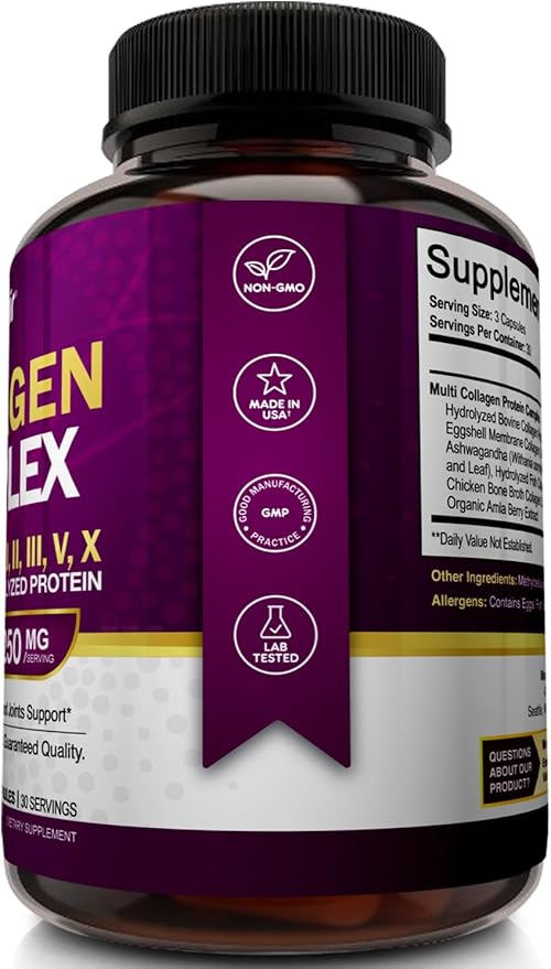 NutriFlair Multi Collagen Peptides 2250mg, 90 Capsules - Type I, II, III, V, X - Collagen Supplements Complex Powder Pills for Women and Men - Hydrolyzed Protein, Healthy Hair, Skin, Nails - Non-GMO