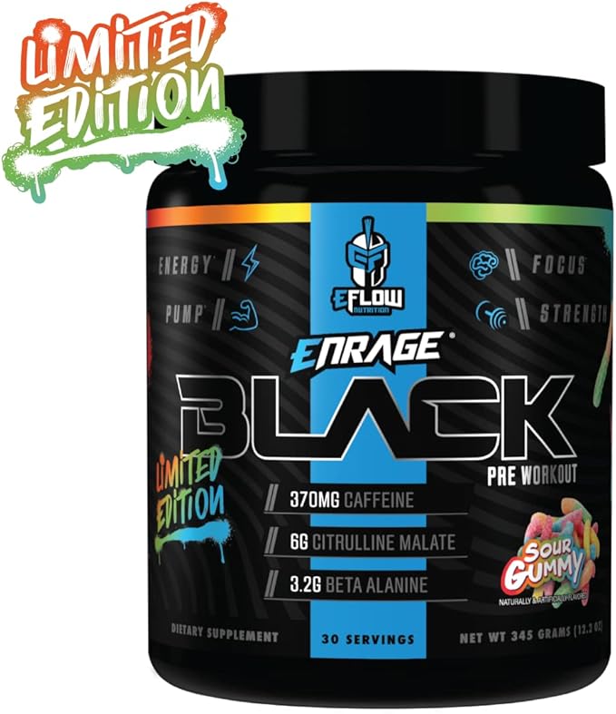 eFlow Nutrition Enrage Black High Stimulant Pre Workout Supplement - Preworkout Powder to Boost Energy, Pumps and Strength - 4 Flavors (30 Servings) (Sour Gummy)