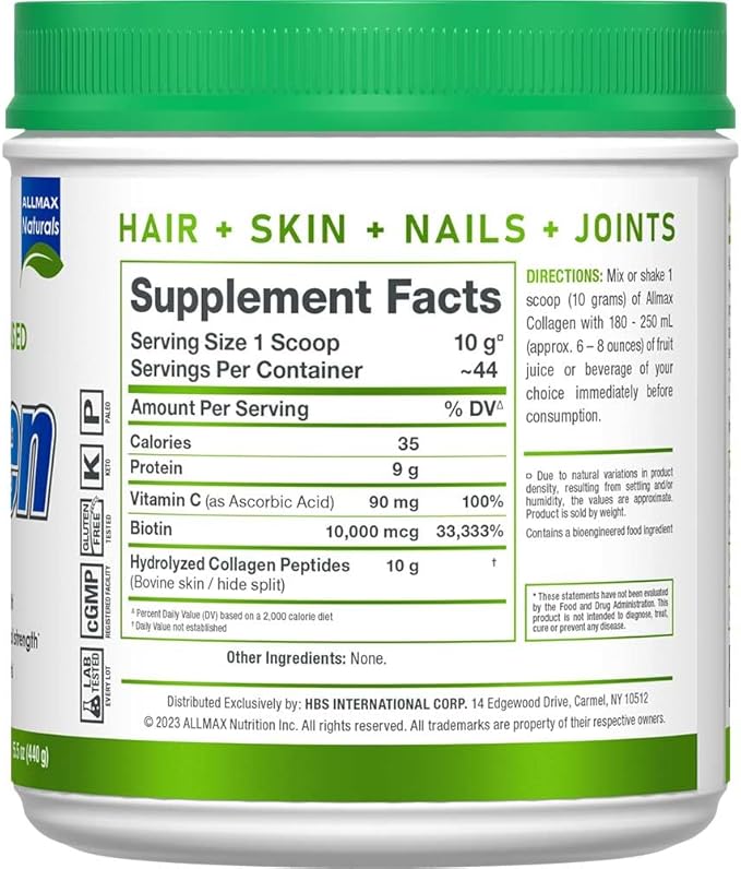 ALLMAX Nutrition Grass Fed & Pasture Raised Collagen with 10,000 mcg Biotin + 90 mg Vitamin C, Unflavored, 15.5 oz (440 g)