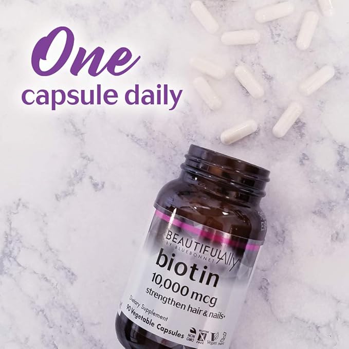 Bluebonnet Nutrition Beautiful Ally Biotin 10,000 mcg, Strengthen Hair & Nails*, Non-GMO, Vegan, Kosher Certified, Gluten-Free, Soy-Free, 90 Vegetable Capsules, 90 Servings