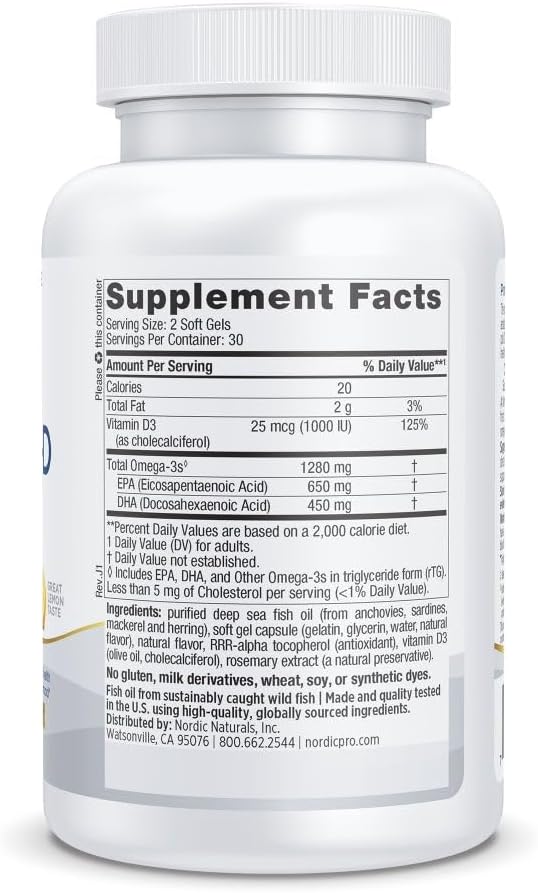 Nordic Naturals ProOmega-D, Lemon Flavor - 60 Soft Gels - 1280 mg Omega-3 + 1000 IU D3 - High-Potency Fish Oil - EPA & DHA - Brain, Eye, Heart, & Immune Health - Non-GMO - 30 Servings