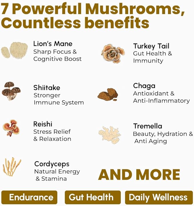 ROOTED Active's Mushroom Complex - Ayurveda Lions Mane, Reishi, Cordyceps, Chaga, Turkey Tail, Shiitake and Tremella - 1000 MG (60 Capsules, 30 Day Supply)