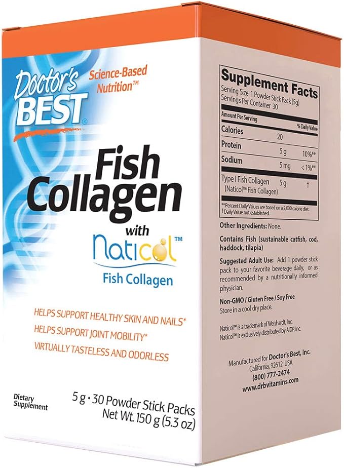 Doctor's Best Fish Collagen w/Naticol Fish Collagen, Supports Skin, Nails, Joints, 30 Powder Stick Pack