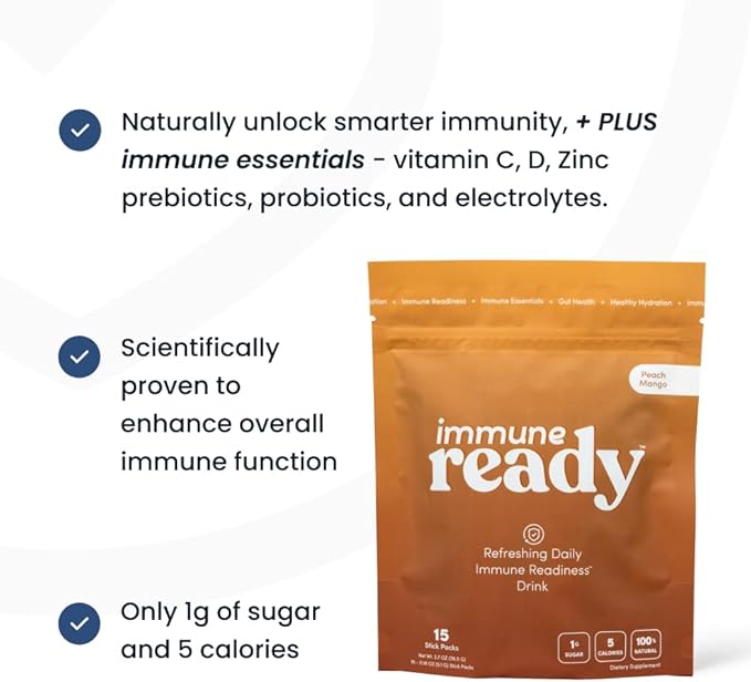 Immune Ready™ Immunity Boost Drink Mix with Vitamin C, D3, Zinc Picolinate, Inulin, Beta Glucan & Electrolytes - Delicious & Refreshing Sugar-Free Immune Booster - Peach-Mango Flavored - 15 Servings