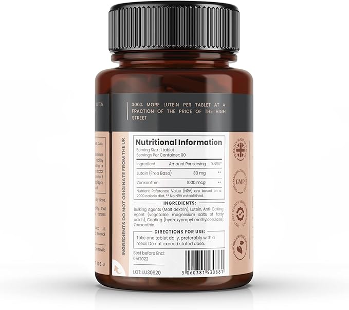 pureclinica Lutein 30mg x 180 Tablets (2 Bottles with 90 Tablets in Each). with 1000mcg Zeaxanthin. 3 x The Strength of Regular Lutein Tablets