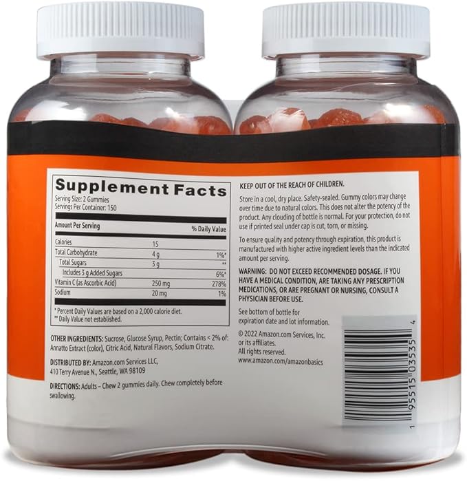 Amazon Basics - Vitamin C, 250 mg Gummies, Orange, 300 Count (2 Packs of 150), 2 per Serving (Previously Solimo)