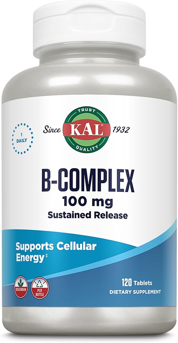 KAL B-100 Complex - Sustained Release Vitamin B Complex - Healthy Energy Support with Natural Support Base and Fresh Minty Coating - Vegetarian - 60 Day Guarantee - 120 Servings, 120 Tablets