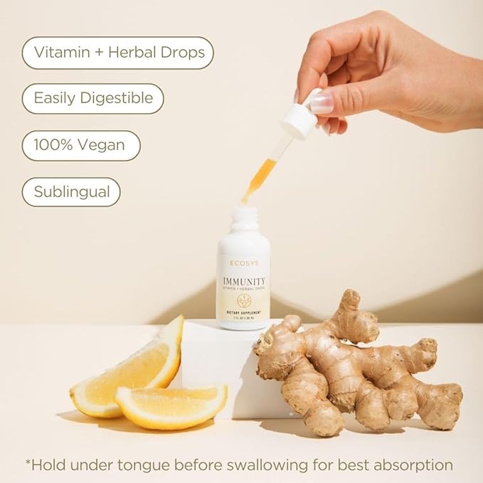 Immunity Support Herbal & Vitamin Tincture Drops – Immunity Booster with Vitamin C, D3, K2 & Powerful Adaptogens – Lemon Ginger Flavor, 30-Day Supply