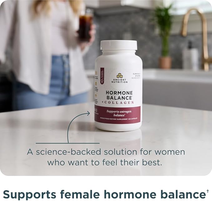 Ancient Nutrition Hormone Balance + Collagen Supplement, Hydrolyzed Collagen Peptides, Key Clinically Validated Ingredient to Support Balanced Hormones and Boost Energy, 60 Capsules