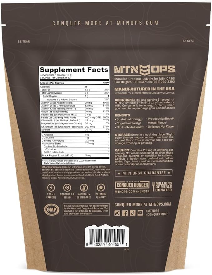 MTN OPS Hot Ignite Instant Coffee Nootropic & L-Arginine L-Citrulline for Cognitive Clarity, Mental Focus & Nitric-Oxide Boost | 200mg Caffeine per Serving, 30 Servings | Mountain Mocha