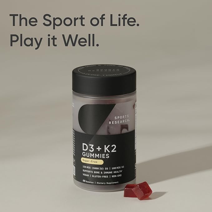 Sports Research® Vegan Vitamin D3 + K2 Gummy Supplements - 5000iu Vitamin D with 100mcg Mk7 Vitamin K - Supports Calcium for Stronger Bones & Immune Health - 60 Gummies for Adults, for Women, 1 Month