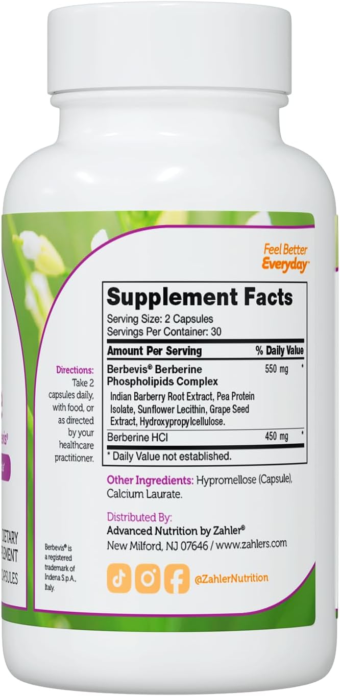 Berberine with Clinically Evaluated Berbevis, Metabolism and Glucos Support Formula, 60 Capsules.