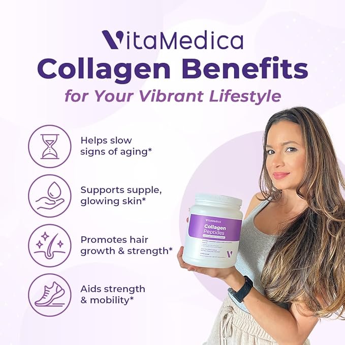 VitaMedica Collagen Peptides Powder for Women & Men - Healthy Hair, Skin, Nails, Bones and Joints - Hydrolyzed Types I & III, Grass-Fed, Pasture-Raised Protein, Zero Sugar - 30 Servings