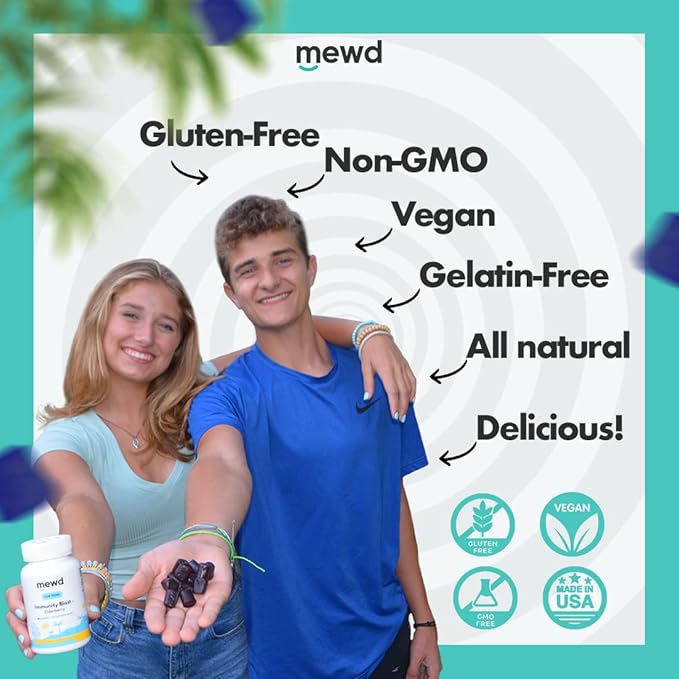 MEWD Teen and Kids Elderberry Immunity Multivitamin Gummies -Zinc, Vitamins A,C,D3,B12 for Immune Support,Brain Health, Focus, Made in USA, Girls and Boys.