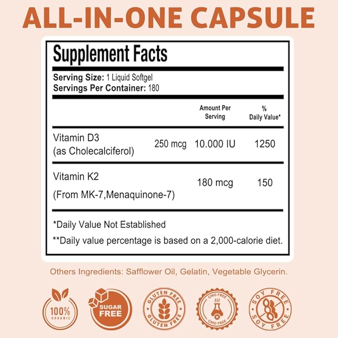 Vitamin D3 10,000 IU + K2 (MK7) Supplement, 2-in-1 Formula, Immune Support, a Healthy Mood, Heart, Joint, Teeth, Bone Health, Calcium Absorption, 180 softgels. (2)