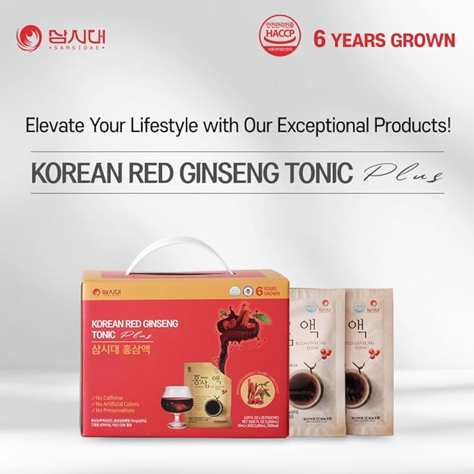 SamSiDae Korean Red Ginseng Tonic – 6-Year Grown Roots with Jujube & Cornus Fruit Extract – Caffeine-Free Herbal Supplement – Supports Energy and Immune Health – 20 Convenient Daily Pouches