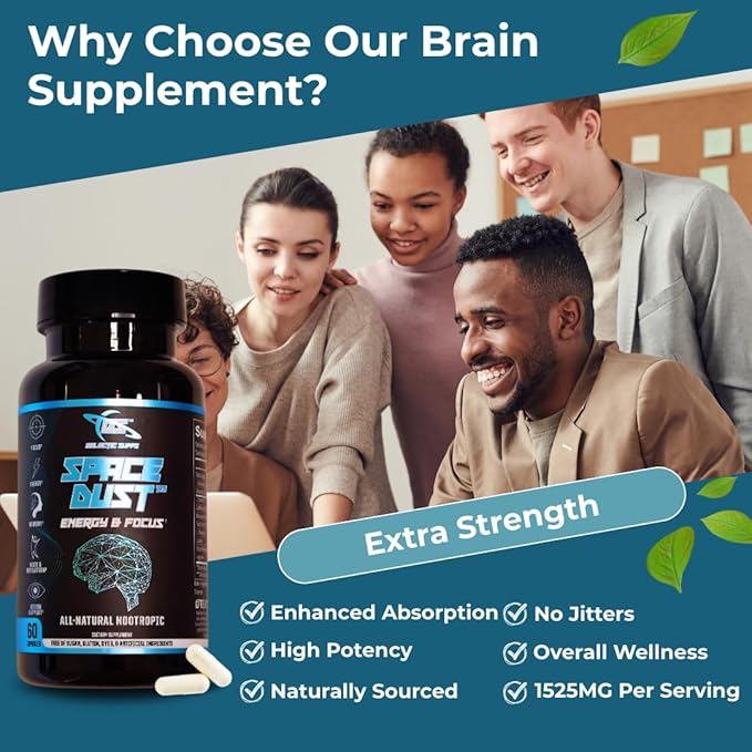 Space Dust Brain Supplement for Memory, Focus & Energy – Nootropic for Brain Fog, Cognitive Support & Eye Health – Brain Health & Reaction Time Booster for Gamers, Men & Women