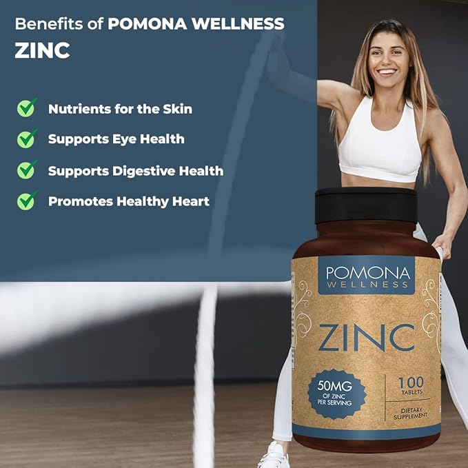 Pomona Wellness Zinc Supplements For Adults, 50mg, Skin Health And Immune Support, Easy To Swallow, For Antioxidant And Overall Health, Vegan, Non-GMO, 100 Tablets
