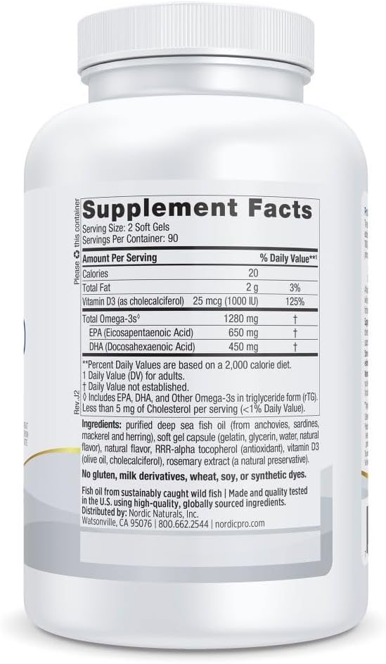 Nordic Naturals ProOmega-D, Lemon Flavor - 180 Soft Gels - 1280 mg Omega-3 + 1000 IU D3 - High-Potency Fish Oil - EPA & DHA - Brain, Eye, Heart, & Immune Health - Non-GMO - 90 Servings