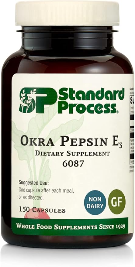Standard Process Inc. Okra Pepsin E3 - Whole Food Digestion and Digestive Health, Cholesterol, Bowel Cleanse with Pepsin, Alfalfa, Spanish Moss, Buckwheat and Okra - Gluten Free - 150 Capsules
