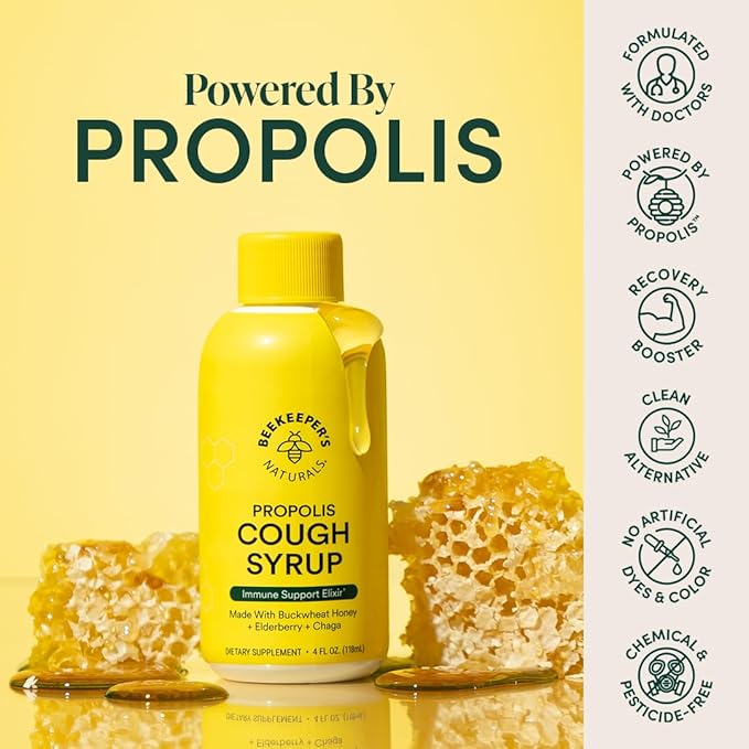 Beekeeper's Naturals Propolis Honey Cough Syrup Daytime for Adults Elderberry, Bee Propolis, Buckwheat Honey - Immune Support & Throat Soothing, 4 oz
