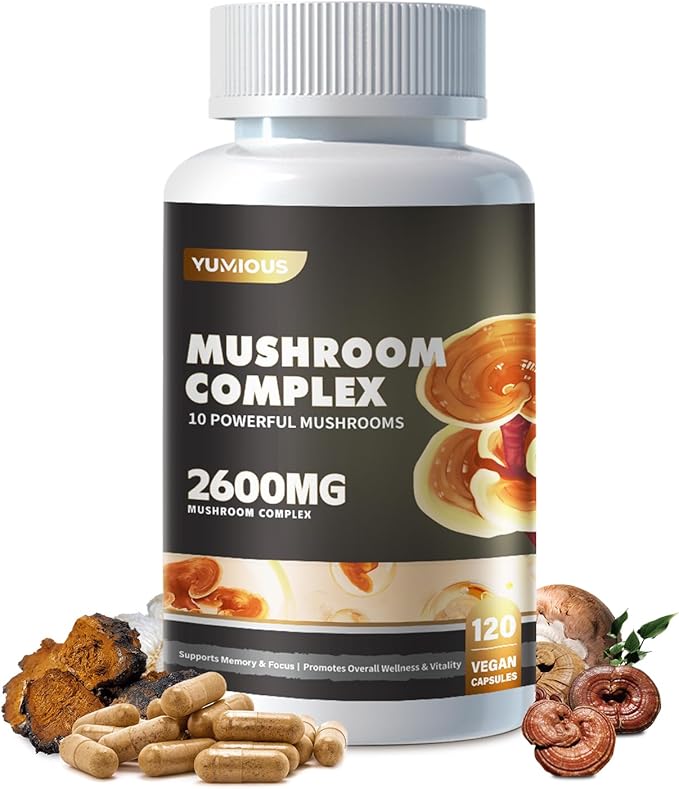Mushroom Complex Supplement 2600mg, 120 Capsules - 10 Mushrooms Blend - Reishi, lions mane supplement capsules,Lions Mane, Cordyceps, Chaga, Turkey Tail, Maitake, Shiitake, Oyster Nootropic Complex