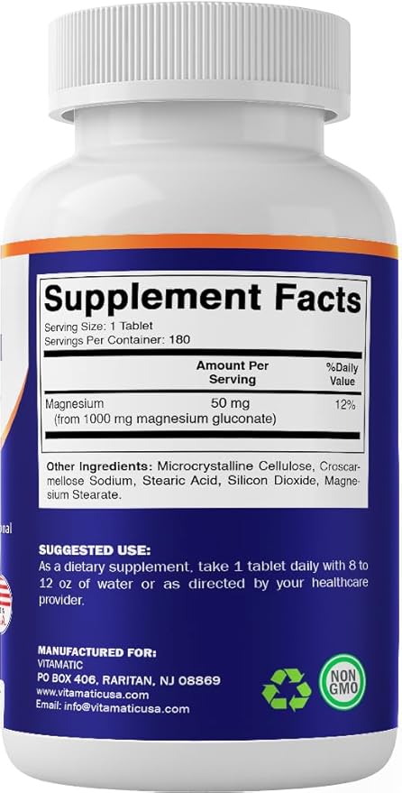 Vitamatic Magnesium Gluconate 1000 mg - 180 Vegetarian Tablets (Uncoated) - Supports Muscle, Nerve, and Heart Health*