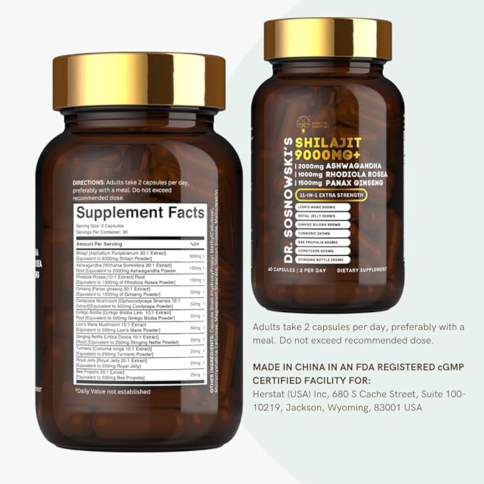 Dr Sosnowski's BioActive Shilajit Blend with Ashwagandha, Rhodiola Rosea, Lions Mane, Panax Ginseng, Royal Jelly, Ginkgo Biloba, Turmeric, Bee Propolis, Cordyceps & Stinging Nettle | 60 Capsules