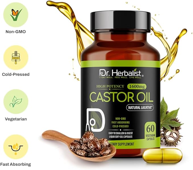 Dr. HERBALIST Castor Oil Capsules - 1600mg per Serving, 60 Count - Non-GMO, Fast-Absorbing, Vegetarian, Cold-Pressed, and High Potency - Supports Skin, Hair, Natural Laxatives and Digestive Health