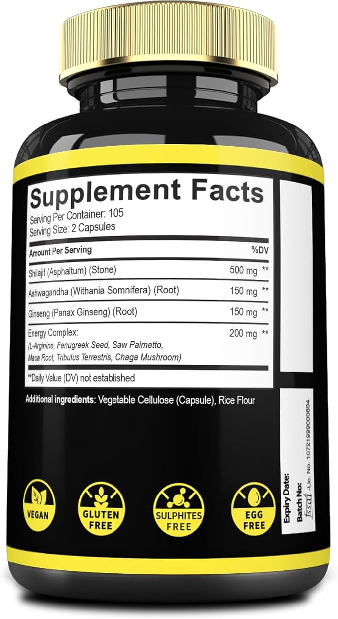 9in1 Shilajit Pure Himalayan Organic with Ashwagandha Root, Panax Ginseng, L-Arginine, Chaga & More - 210 Capsules - Shilajit Supplement for Immunity, Energy Production, Stamina & Comfortable Mood