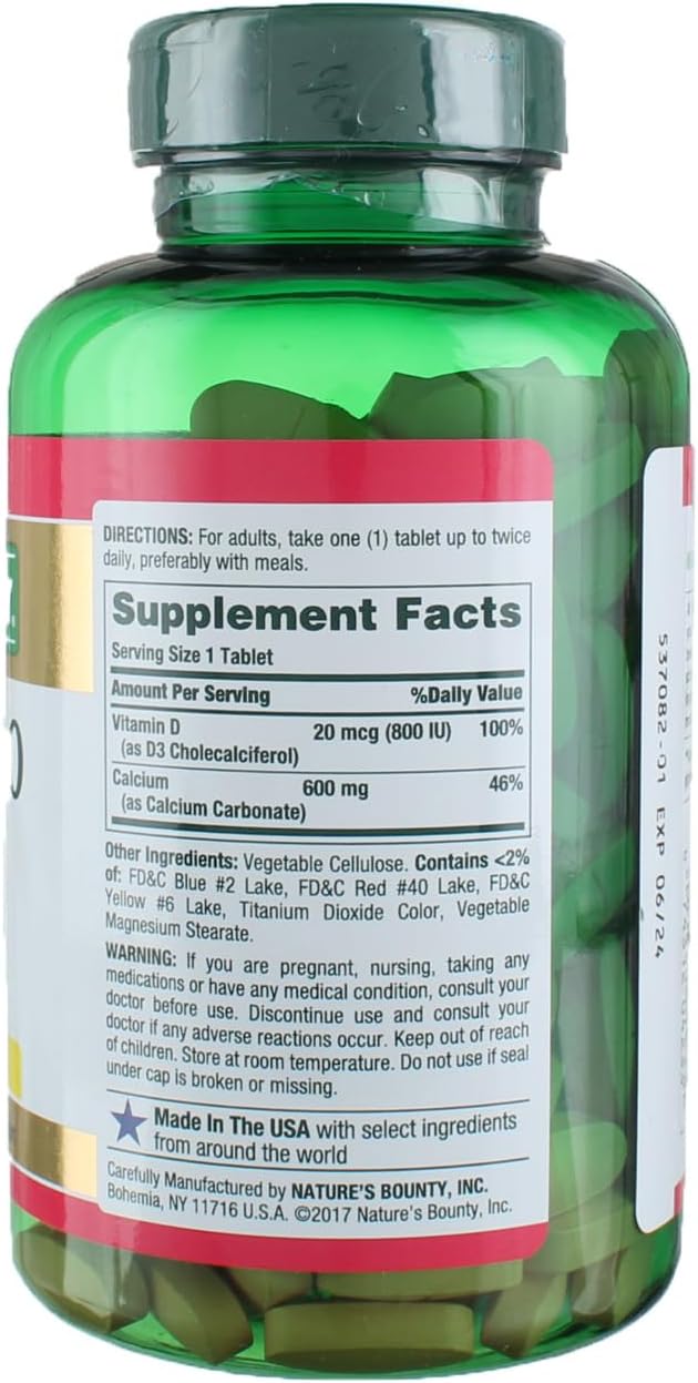 Nature's Bounty 600mg Calcium Carbonate & 800IU Vitamin D3, Supports Immune & Bone Health, 250 Count