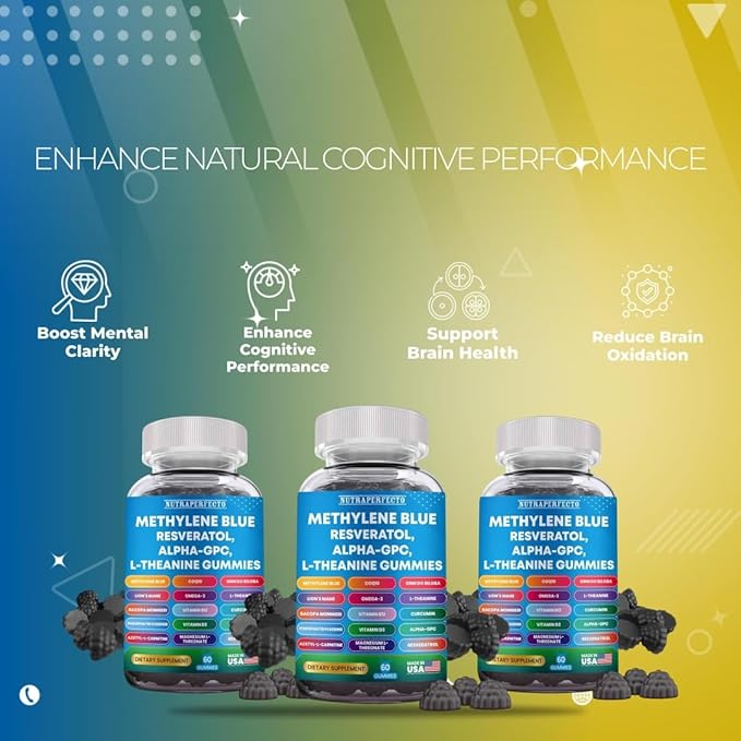 Sugar Free Methylene Blue Gummies Supplement with L-Theanine, DIM, Myo-Inositol, D-Chrio, Choline, DHA for Mental Clarity, Focus, Brain, Memory, Cognitive Support Vitality Performance Neuroprotection