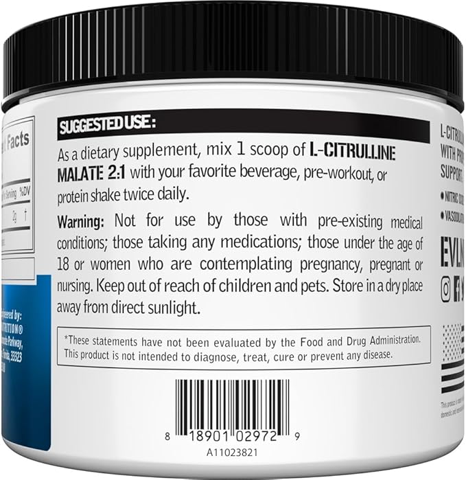 Evlution Nutrition L-Citrulline Malate 2:1-200mg L-Citrulline Malate - Workout Performance Support - Vasodilation Support - Dietary Supplement - Vegan & Gluten Free - 100 Servings - Unflavored