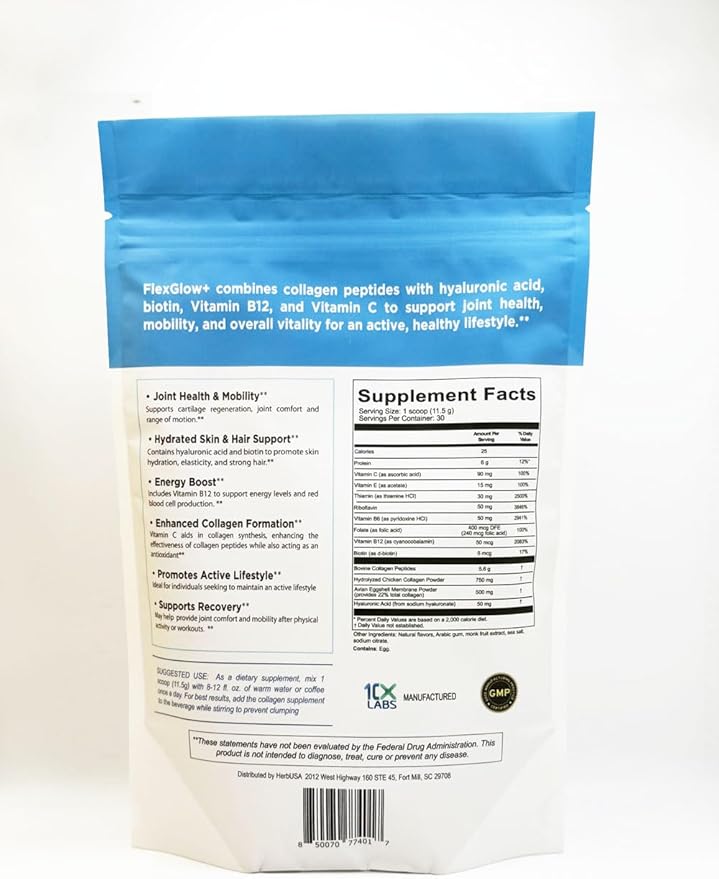 FlexGlow+ Collagen Peptides – Broad Spectrum (I, II, III, IV) – 6,900mg – Hyaluronic Acid, Biotin & Vitamin C – Chocolate – Hair, Skin & Joint Support – 30 Servings (12.17oz)