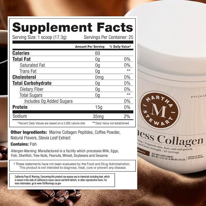Martha Stewart Collagen Peptides Powder - Multi Collagen for Women | Healthy Supplement for Skin, Hair, Nails, and Bone Strength | 15g Protein | Coffee | 25 Servings