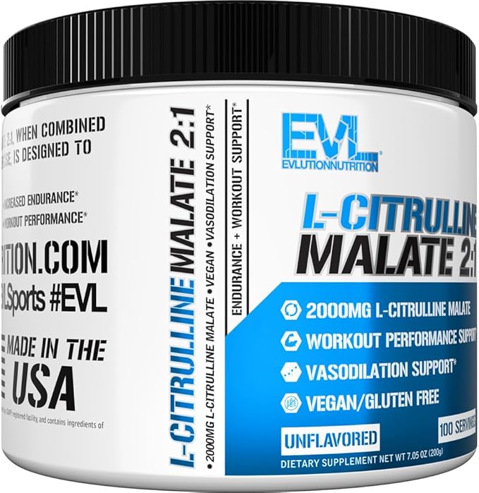 Evlution Nutrition L-Citrulline Malate 2:1-200mg L-Citrulline Malate - Workout Performance Support - Vasodilation Support - Dietary Supplement - Vegan & Gluten Free - 100 Servings - Unflavored