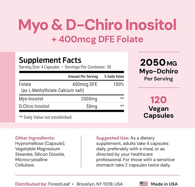 Myo-Inositol & D-Chiro Inositol Supplement for Women's Health | Fertility Supplements Women | Inositol 40:1 Ratio Support Ovarian Function & Healthy Hormone Balance Women | 2050mg | 120 Powder Caps