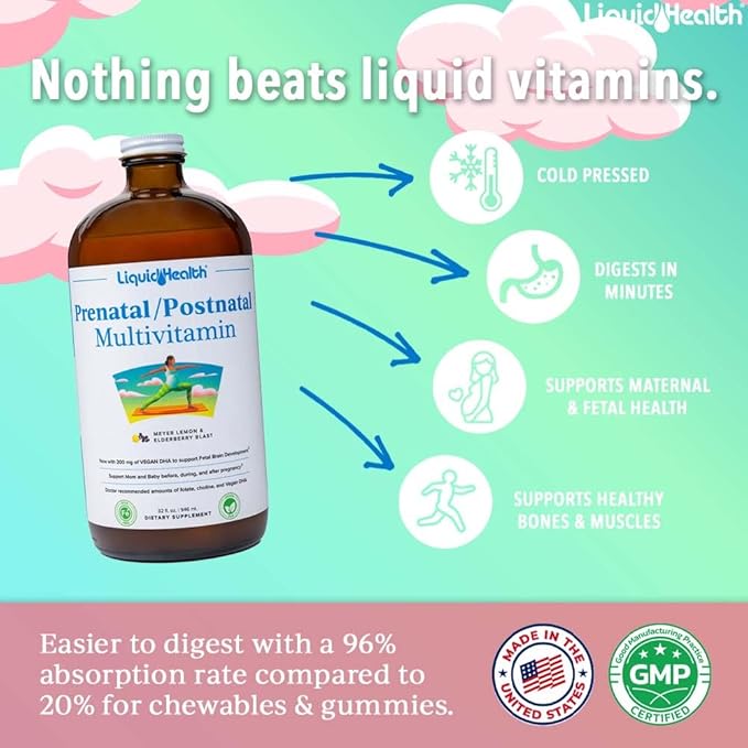 LIQUIDHEALTH Prenatal/Postnatal Multiple Liquid Women's Multivitamin with Real Folate - Pre & Postnatal Vitamins for Before, During, After Pregnancy - Made in USA, Vegan, Sugar-Free, Non-GMO (32 oz)
